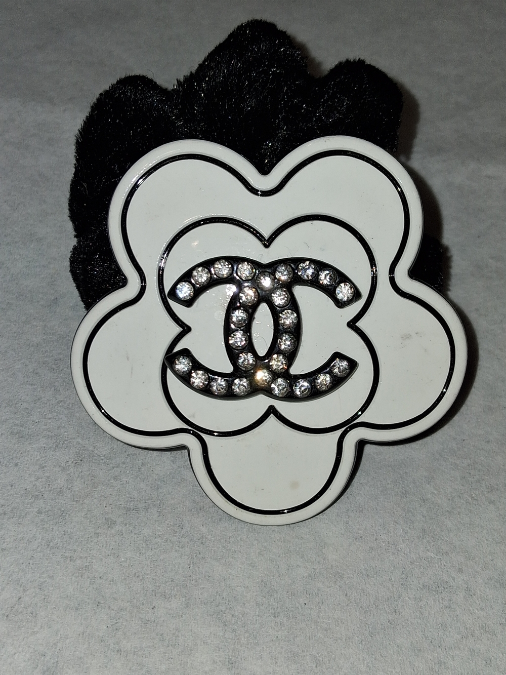 Chanel VIP/GWP White Flower Black VELVET Hair Tie with Crystal Logo.Vintage 1999